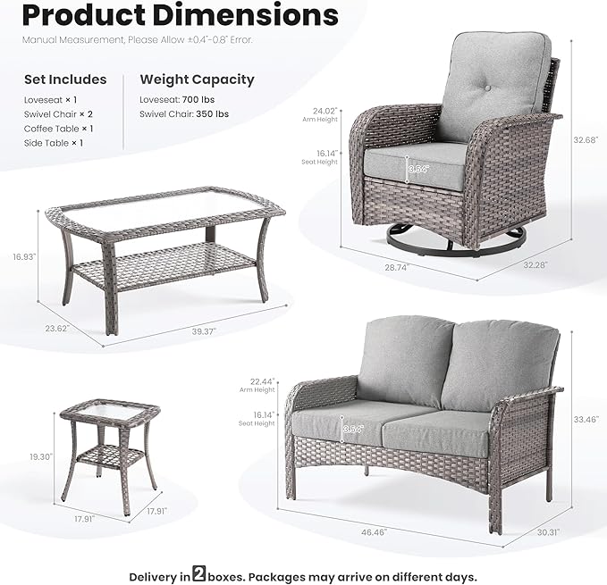 ovios 5-Piece Patio Furniture Set, Outdoor Wicker Sofa with Swivel Chairs Coffee Table, High Back Rattan Couch Loveseat with Comfy Cushions for Porch Yard Deck, Dark Grey