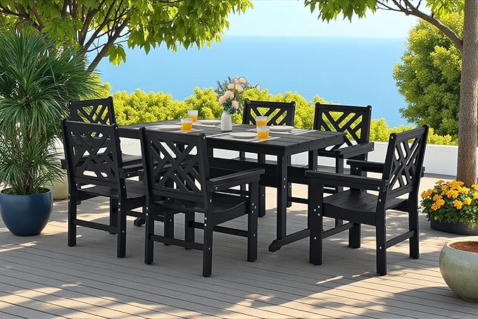 7 Piece HDPE Outdoor Dining Set for 6, Patio DHPE Furniture Set with Umberlla Hole, Weather Resistent Outdoor Table and Chairs for Garden, Poolside, Backyard, Deck, Black