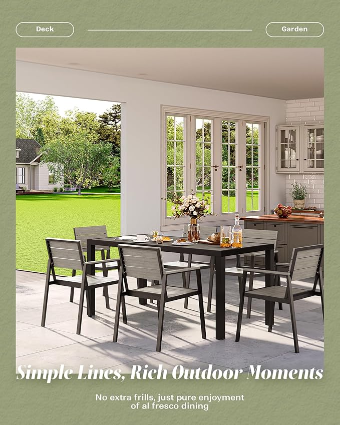 Vexwalx 67" HDPS Outdoor Patio Dining Table, Aluminum-Edged Outdoor Dining Table with Umbrella Hole, Weather-Resistant for Lawn, Garden, Poolside and Indoor Use, Gray