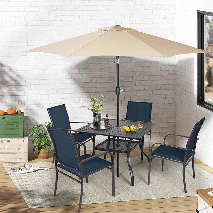 Crownland 5 Piece Patio Dining Set, Outdoor Textilene Dining Sets, 4 Textilene Metal Chairs and Square Outdoor Dining Table with Khaki 9FT Round Outdoor Umbrella (Blue)