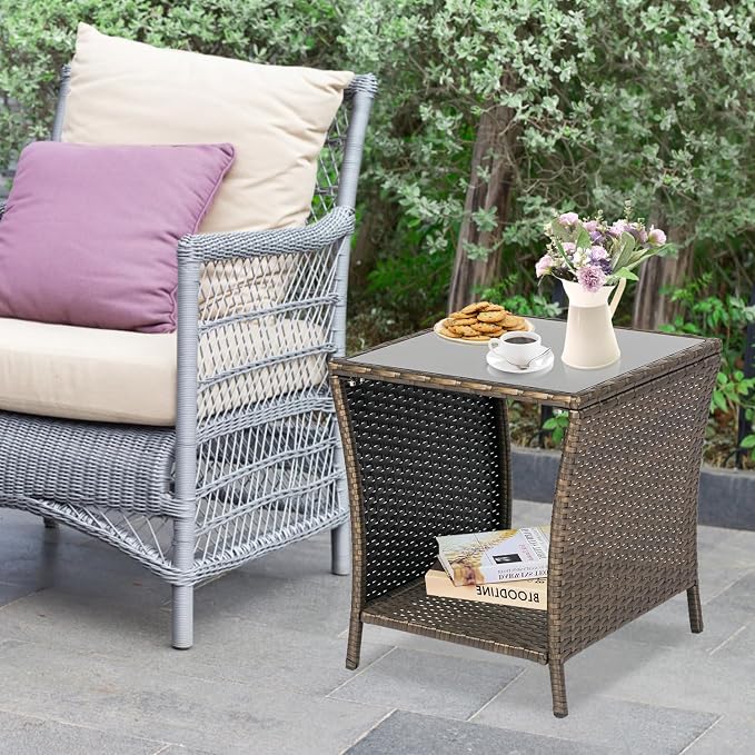 Kinfant Outdoor Wicker Side Table - Patio Square End Table with Steel Frame, Garden Coffee Table with Tempered Glass Top & Extra Storage Shelf for Pool, Lawn, Backyard, Dark Brown, RTET506-F