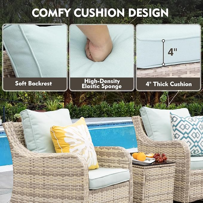 MEISSALIVVE Patio Furniture Set with Swivel Rocking Chairs, 6 Pieces Patio Conversation Set, Outdoor Wicker Sofa Couch with Waterproof Cushions for Lawn Backyard Porch (Blue)