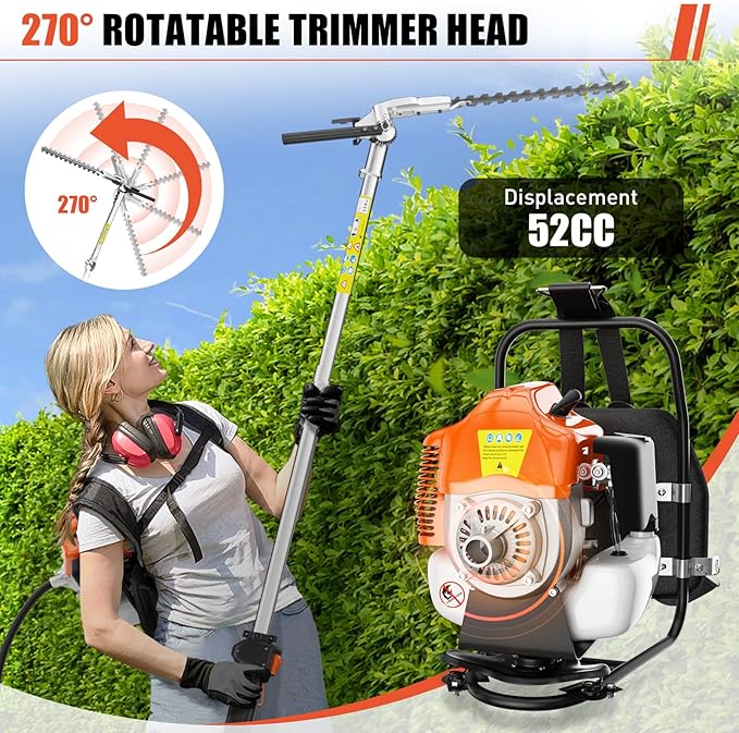Baotree 52cc 6 in 1 Gas Hedge Trimmer, Weed Eater, String Trimmer, Edger, Pole Saw Chainsaw Pruner with EPA, CE and EMC Certification