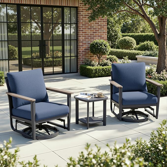 Aluminum Patio Swivel Rocking Chair Outdoor Bistro Set, 3PCS Patio Conversation Set Outdoor Patio Furniture Set with High Backrest & Thickened Cushions for Garden, Deck and Balcony, Navy Blue