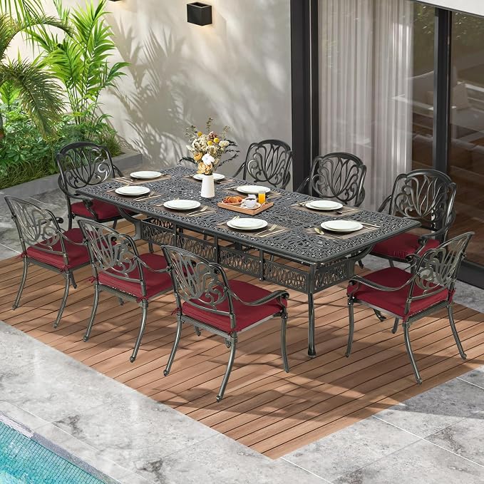 MEETWARM 9-Piece Outdoor Patio Dining Set for 8, All Weather Cast Aluminum Patio Funiture Table and Chairs Set- 94.5” Rectangular Table and 8 Cushioned Chairs for Garden, 2" Umbrella Hole, Chili Red