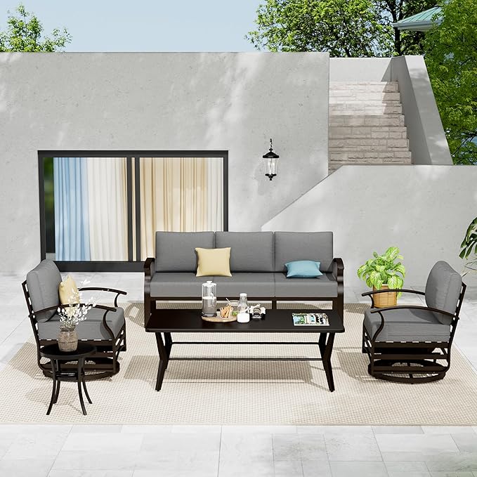 Aluminum Patio Furniture Set with Coffee Table,5 Seats Metal Modern Outdoor Furniture Set w/5.1" Thick Cushions,Patio Sectional w/Swivel Chairs for Backyard,Patio,Grey