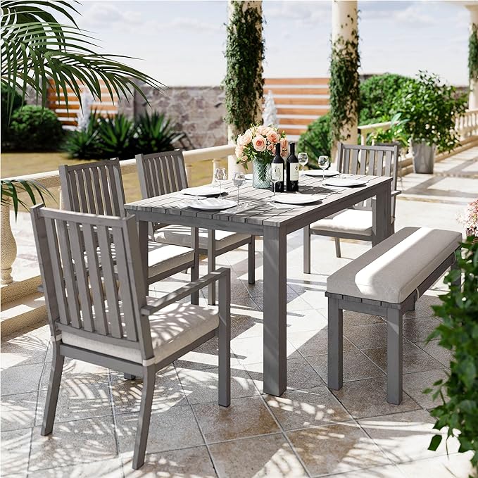 RoyalCraft Aluminum 6 Pieces Patio Dining Sets, Outdoor Dining Table with 4 Chairs and Bench, Outdoor Patio Dining Furniture Set with Removable Cushion for Lawn, Garden, Backyard, Gray