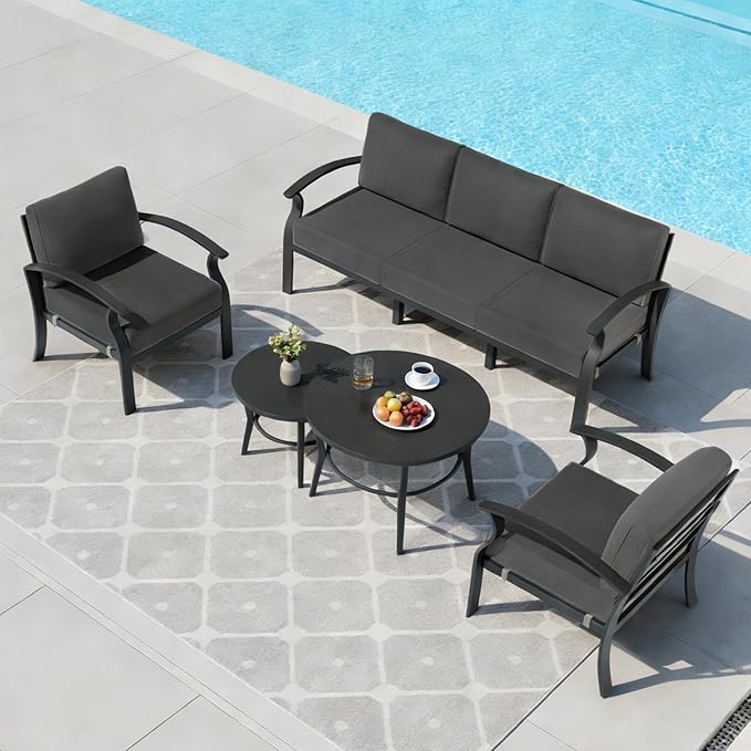 Aluminum Outdoor Patio Furniture Set,5 Seats Patio Conversation Sets with 2 Round Coffee Tables,Metal Patio Sectional Furniture Set with 5.1" Thickened Cushions,Black