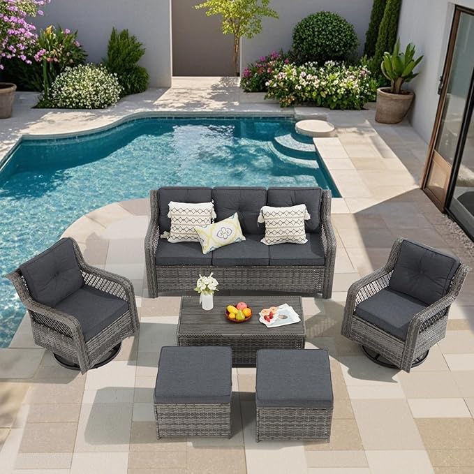 6 Pieces Wicker Patio Furniture Set Conversations Sets, 2 Outdoor 360° Swivel Rocking Chairs, Patio Swivel Glider Chair with Table and Ottoman for Garden, Poolside, Backyard (Grey)