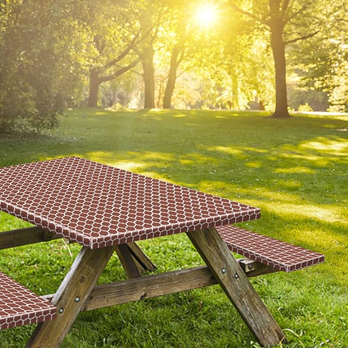 KENOBEE 8ft Picnic Table and Bench Cover, Camping Essentials RV Gear, 96 in Waterproof Windproof Outdoor Elastic All Around Tablecloth, Fitted Rectangle Tables and Seats, Coffee-White Moroccan