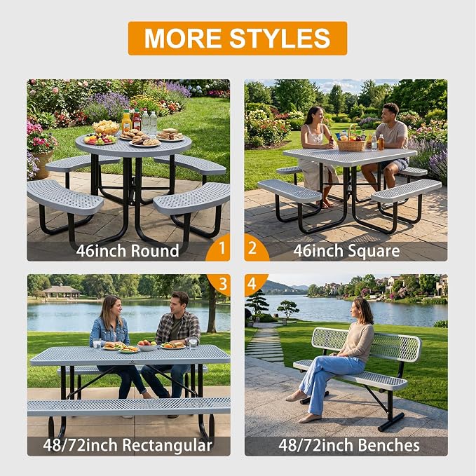 46-Inch Square Metal Outdoor Picnic Table – Commercial Heavy-Duty Steel Dining Table with Thermoplastic Coating, Weather & Rust Resistant, Ideal for Patio, Outside, Garden, Schools (Gray)