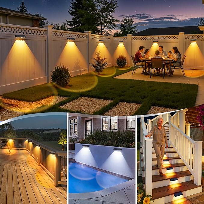 ShineTech Solar Fence Lights Outdoor Waterproof, 3-Color Lighting Modes LED Solar Powered Deck Lights, Outdoor Step Lights for Railing, Patio, Wall, Backyard (6 Packs)