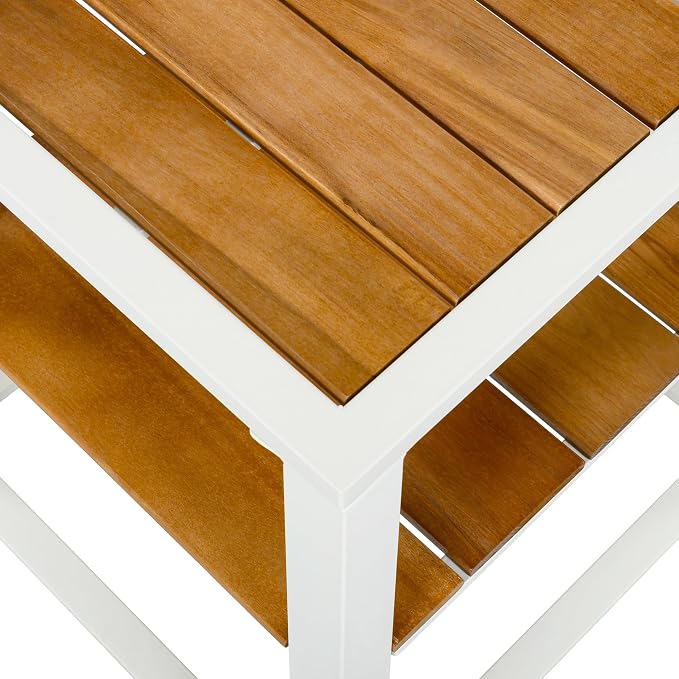 Outdoor Side Table, 2-Tier Acacia Wood End Table with White Iron Frame, Weather-Resistant Patio Side Table with Storage Shelf, Teak Finish, 30 lbs Capacity, White
