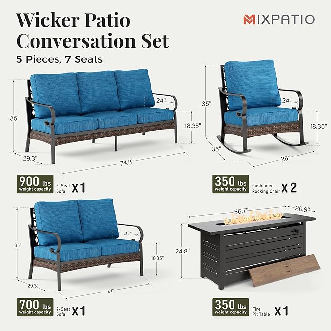 Patio Furniture Set with Fire Pit Table, Metal Outdoor Conversation Set with 2 Rocking Chairs, Loveseat Sofa, 3-Seat Sofa and Gas Fire Pit Table for Lawn Garden Backyard, Pacific Blue