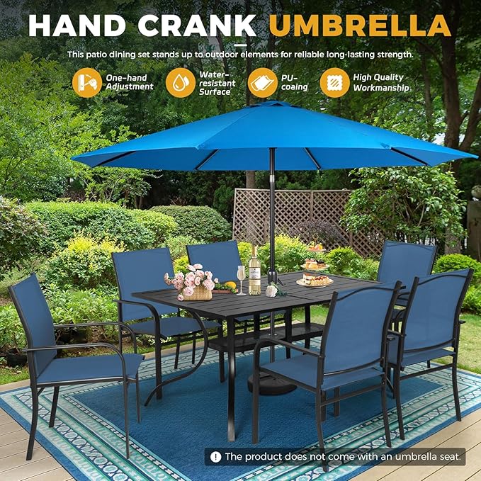 Incbruce 8 Pieces Patio Dining Set with Sky Blue Umbrella, Outdoor Dining Set of 6 Textilene Chairs and Rectangle Table with Umbrella Hole for Backyard, Garden, and Poolside (Blue)