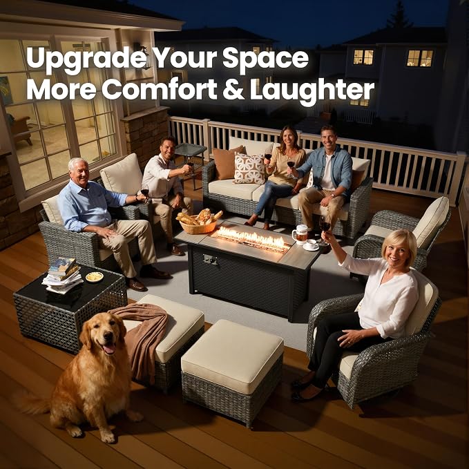 10 Piece Wicker Patio Furniture Set with Firepit, Beige | High Back Swivel Rocker Chairs, 54-inch Fire Pit, Outdoor Sofa Ottoman Solar Lights Table, Conversation Sets, Deck Backyard