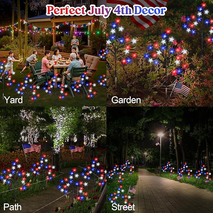 Lewondr 4th of July Decorations Solar Garden Lights, Outdoor Red Blue White Star Solar Lights, Waterproof Patriotic Decor with 20 LED 2 Lighting Modes for Independence Day Memorial Day, 4 Pack