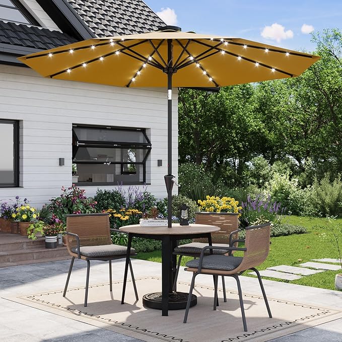 Garvee 9/10 FT Solar Patio Umbrella with 32 LED Lights - Outdoor Table Umbrella with Crank Lift, Push Button Tilt and 8 Sturdy Ribs - Market Umbrella UV Protection for Pool, Deck, Yard, Garden