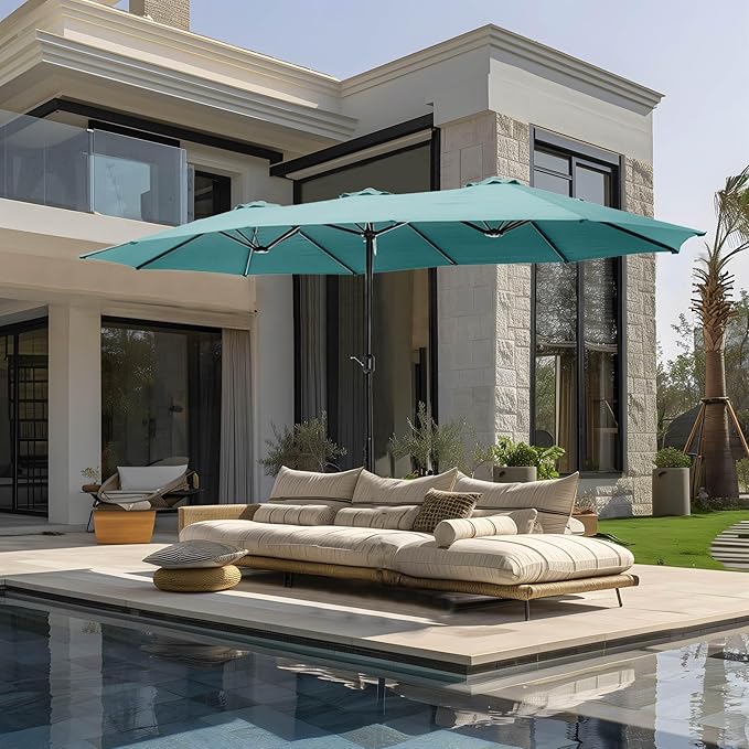 GREEN PARTY 15 ft Rectangular Patio Umbrella with Base Included, Large Double-Sided Outdoor Table Umbrella with Crank, 1.9" Pole UPF 50+ UV Resistant for Pool Deck Backyard Garden, Turquoise
