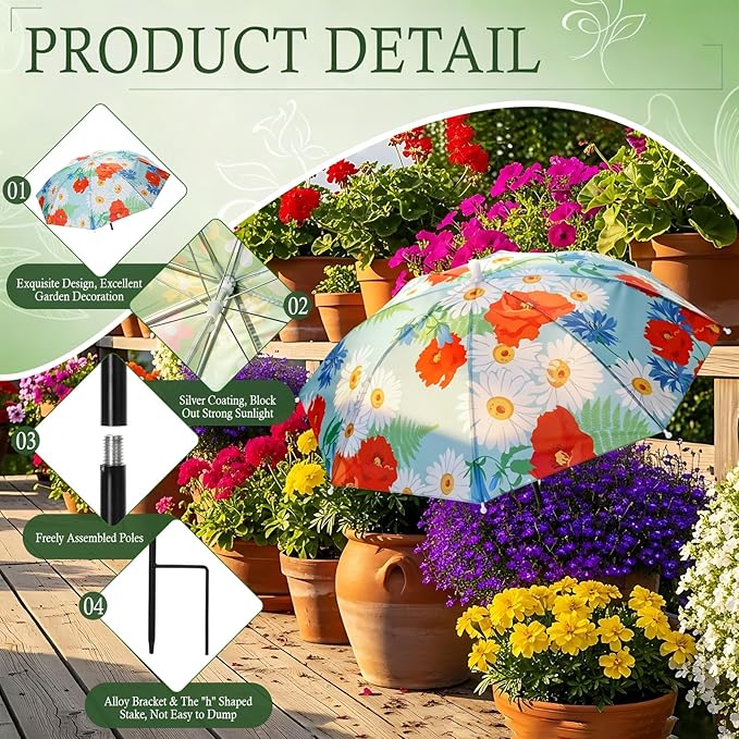 Hillban 6 Pack Plant Shade Umbrellas for Outdoor Plants 23.6" Large Garden Umbrella Shade for Potted Flower with Adjustable 40" H Sunshade Cover for Patio Garden Bed Flowers(Floral Pattern)