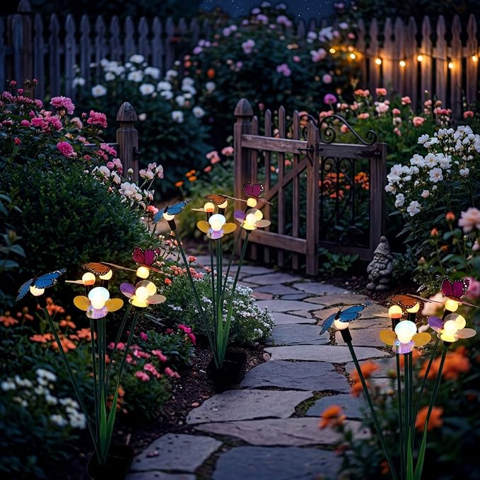 Hoikwo Solar Garden Flower Lights 4 Pack, Swaying Butterfly Flower Stakes Outdoor, Lifelike Butterflies and Flowers with 6 LED Warm Lights, Solar Lights Decor for Yard, Patio, Garden, Pathway