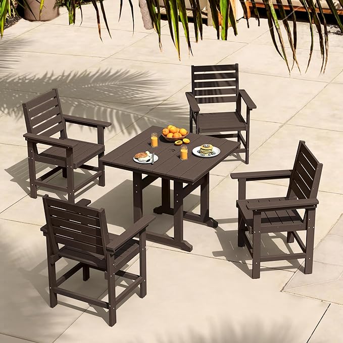 5 Piece Patio Dining Set, 35" Square HDPS Weather Resistant Outdoor Table & 4 Patio Chairs Set with 1.96" Umbrella Hole, Heavy Duty for Small Space Backyard Balcony, Dark Brown