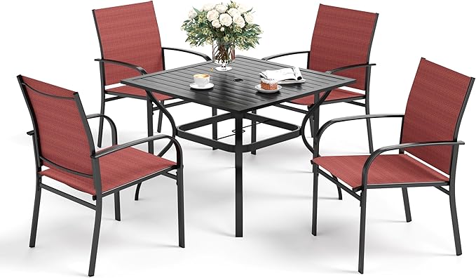 SUNSHINE VALLEY 5 Piece Patio Dining Set for 4, 37”x37” Square Table with Umbrella Hole, 4 Metal Red Chairs, Outdoor Table and Chairs Set for Lawn Backyard and Deck