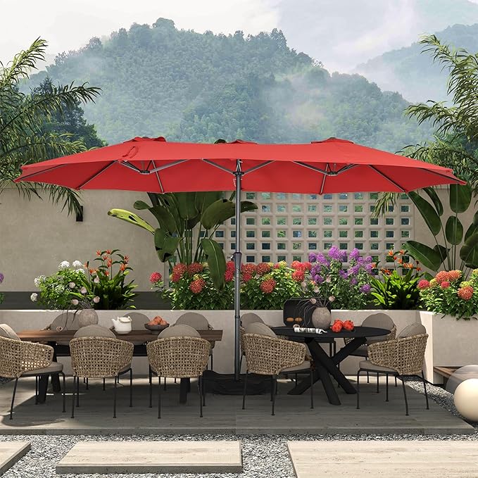 15 ft Patio Umbrella with Base, Large Rectangle Outdoor Umbrella with Matching Stand, Strap, Crank, Red