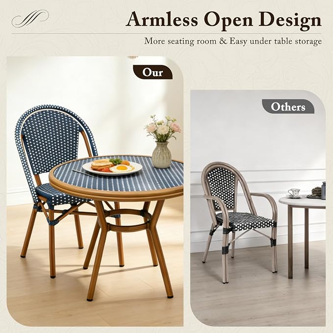 PURPLE LEAF 3-Piece French Bistro Dining Set Round Outdoor Patio Table and 2 Armless Chairs Tempered Glass Top PE Rattan Bamboo Print Finish Aluminum Frame Navy Blue
