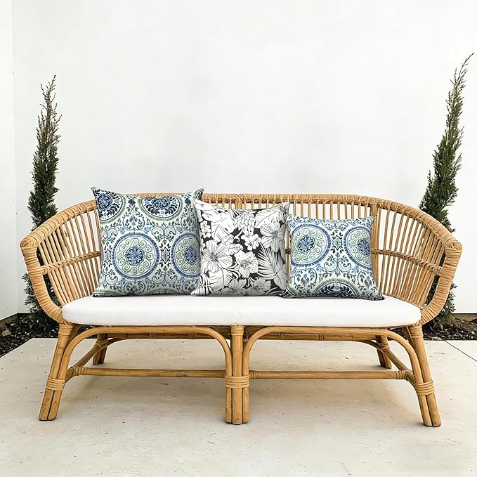 Outdoor Pillows with Insert 18x18 Inch, Waterproof Throw Pillow for Patio Furniture, Decorative Back Cushion for Garden Home Sofa Office Chair, Set of 2, Tropical Blossom Noir