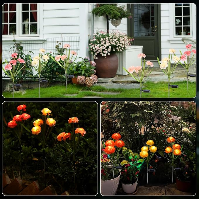 ReyeeInc Solar Flowers Outdoor Waterproof, Solar Carnation Stake Lights Outside with 12 Real Looking Flowers for Yard Decorations Outdoor, Front Yard, Garden, Flower Bed, Lawn, Patio Decor (3 Pack)