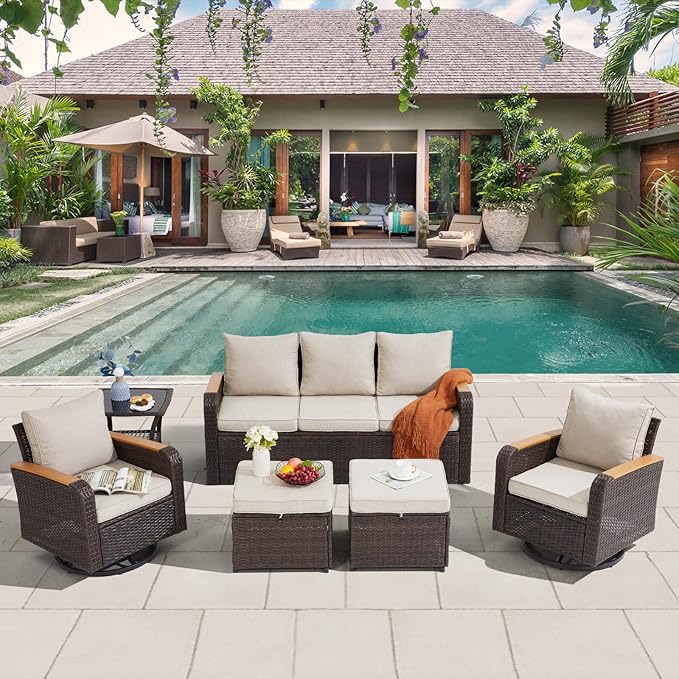 6 Pieces Wicker Patio Furniture Sets, Outdoor Conversation Set PE Rattan Sectional Sofa Couch with Swivel Chairs Ideal for Indoor Porch Deck Bistro Lawn Garden Backyard Poolside-Khaki