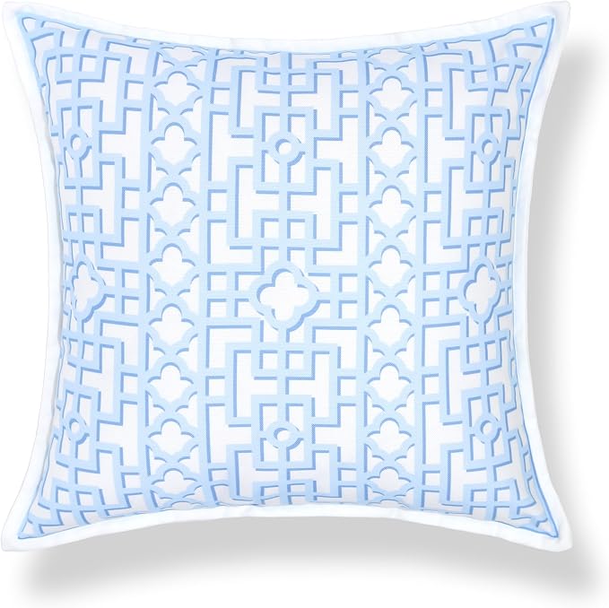 Hofdeco Premium Grandmillennial Coastal Hampton Patio Indoor Outdoor Throw Pillow Cover Only, 20"x20" Water Repellent for Backyard, Couch, Poolside, Baby Blue Print Fretwork Trellised Screen
