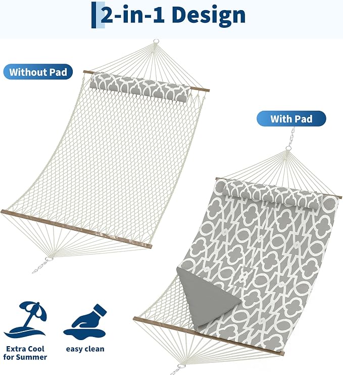 Garvee 2 Person Outdoor Hammock with Stand, Cotton Rope Hammock with Polyester Pad, Adjustable Steel Frame, 2-in-1 Hammock for Patio, Backyard, Garden, Beach(Light Gray Stripes)