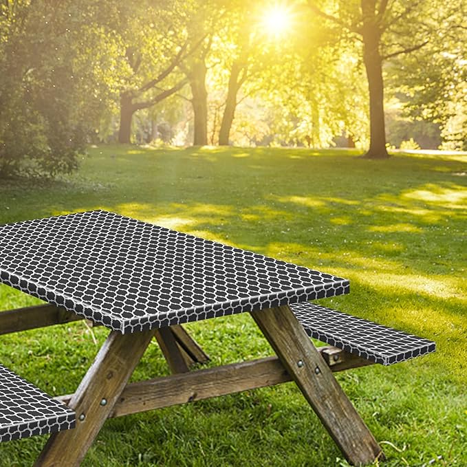 KENOBEE 7ft Picnic Table and Bench Cover, Camping Essentials RV Gear, 84 in Waterproof Windproof Outdoor Elastic All Around Tablecloth, Fitted Rectangle Tables and Seats, Black-White Moroccan