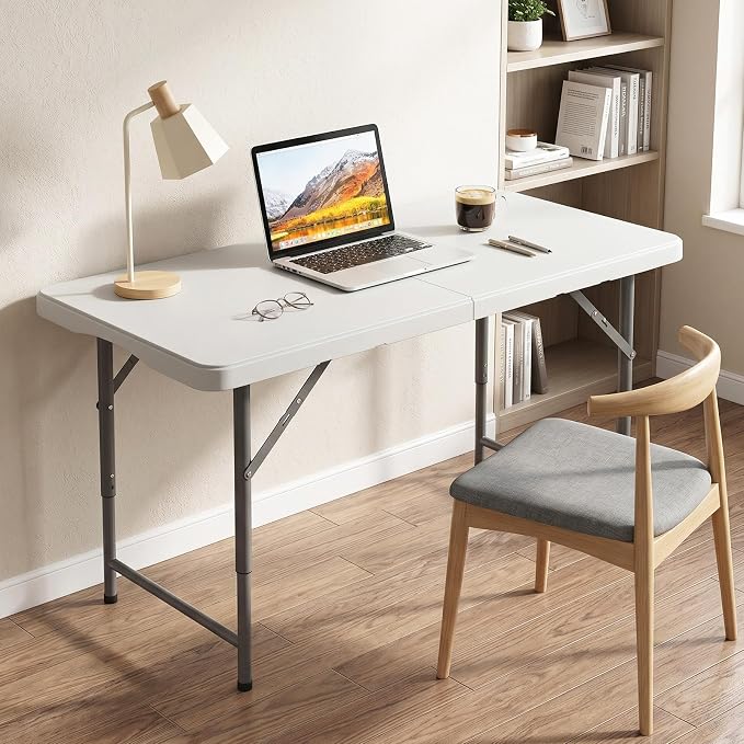 Goplus 4 FT Portable Camping Table, Adjustable Fold-in-Half Table with HDPE Tabletop & Metal Legs, Patio Folding Dining Table with Safety Lock & Carrying Handle for Party, Picnic & Fishing