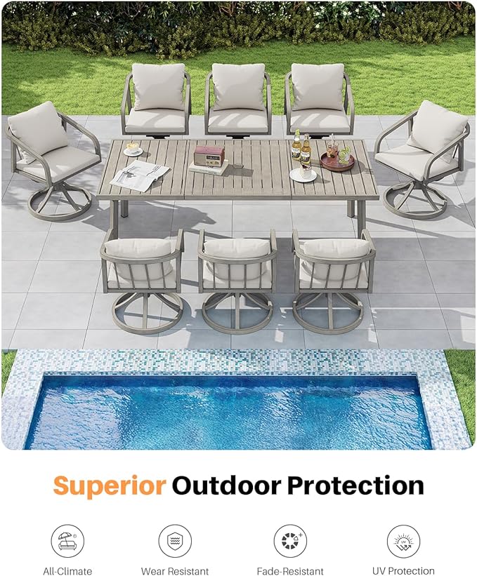 9-Piece Patio Dining Set with 8 Swivel Chairs, Never-Rust Aluminum Outdoor Dining Set, Patio Swivel Dining Set with Wraparound Seating, Outdoor Dining Table Set for Porch, Lawn, Deck, Gray Oak