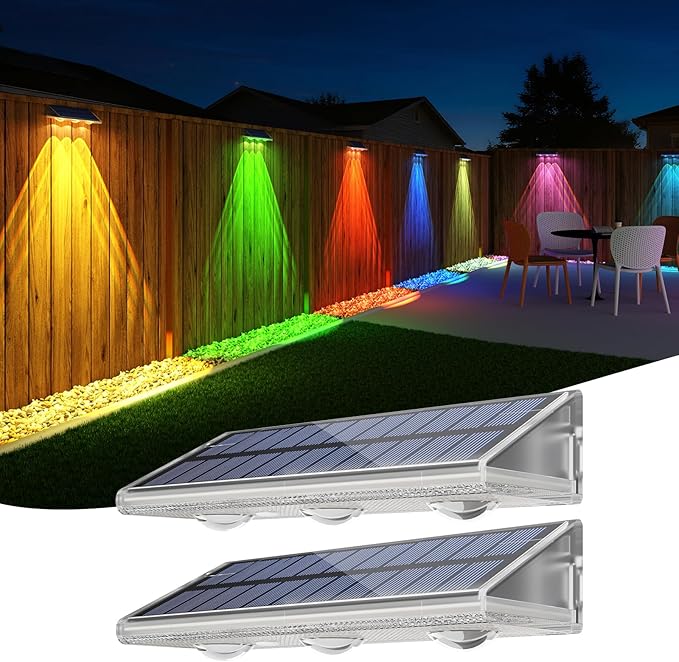 YiLaie Solar Fence Lights Outdoor - Warm White & RGB 6 Color, Solar Lights Outdoor IP67 Waterproof, Garden Lights for Outside/Backyard/Railing/Step/Patio/Wall (2 Pack)