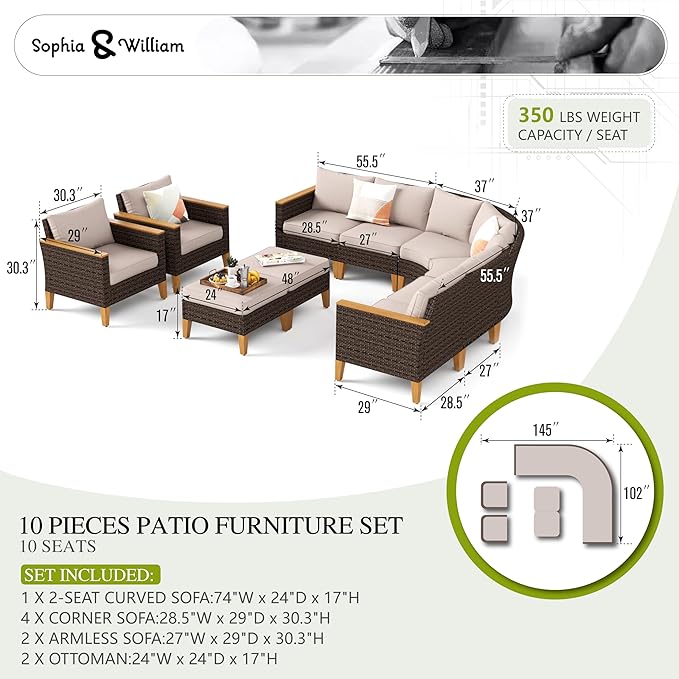Sophia & William Outdoor Wicker Sectional Sofa Set, Half Moon Curved Patio Furniture Set with Ottman, High Back Rattan Patio Conversation Set for Backyard, Porch, Garden(Beige, 10 Piece)
