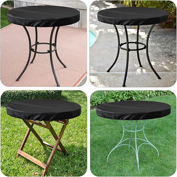 Outdoor Round Table Cover Waterproof UV-Resistant for 54 Inch Diameter Patio Tables - Heavy Duty Weatherproof Table Top Protector with Elastic Hem (Black)
