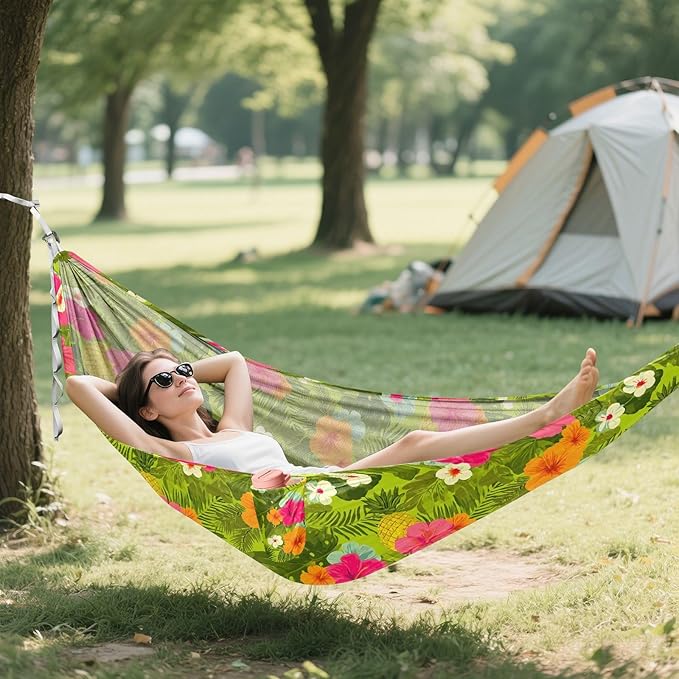 Camping Hammock Outdoor Hammocks for Outside Hibiscus Pineapple Green Beach Trees Portable Lightweight with Pockets Tree Straps Indoor