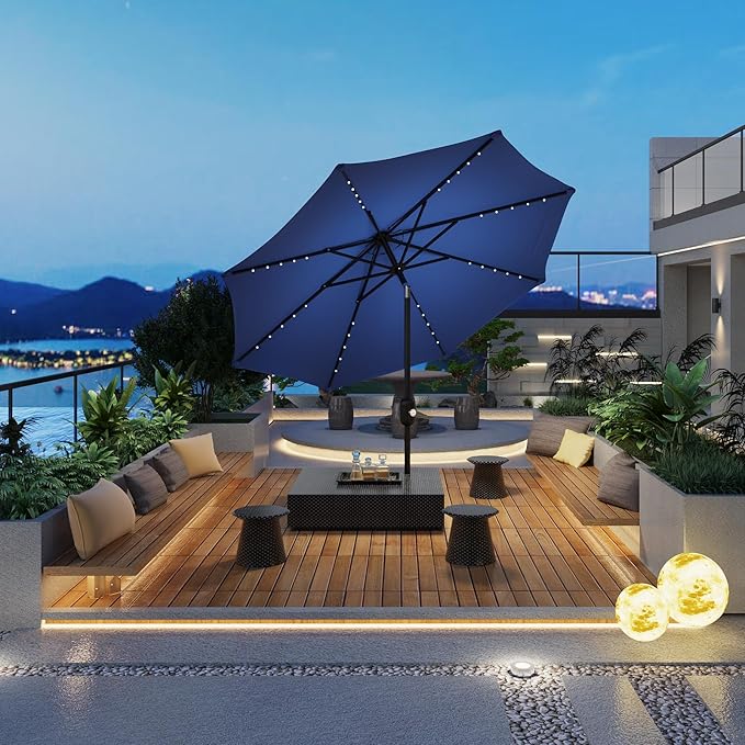 10 Ft Patio Umbrella With Solar Lights - Outdoor Table Umbrella With 40 LED Lights, Tilt Crank, 8 Ribs Market Umbrella for Pool, Deck, Backyard, Tan