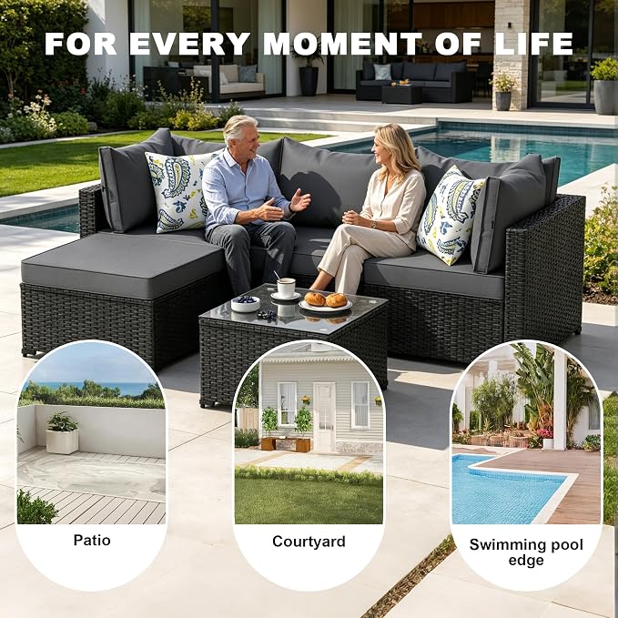 5 Piece Patio Furniture Sets, Outdoor Patio Set Sectional Sofa, All-Weather PE Rattan Couch with Cushion, Glass Table for Gatherings, Parties, Sports Viewing (Gray, 5-Piece Set)