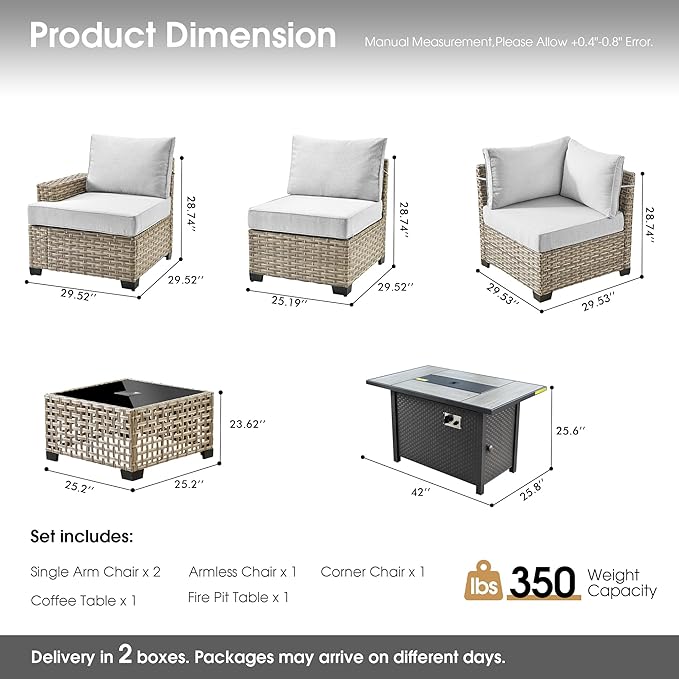 Outdoor Sectional Patio Furniture Set with Fire Pit,7 Pieces Rattan Conversation Sets,Out Door L Shaped Furniture with Glowing Coffee Table,Light Grey