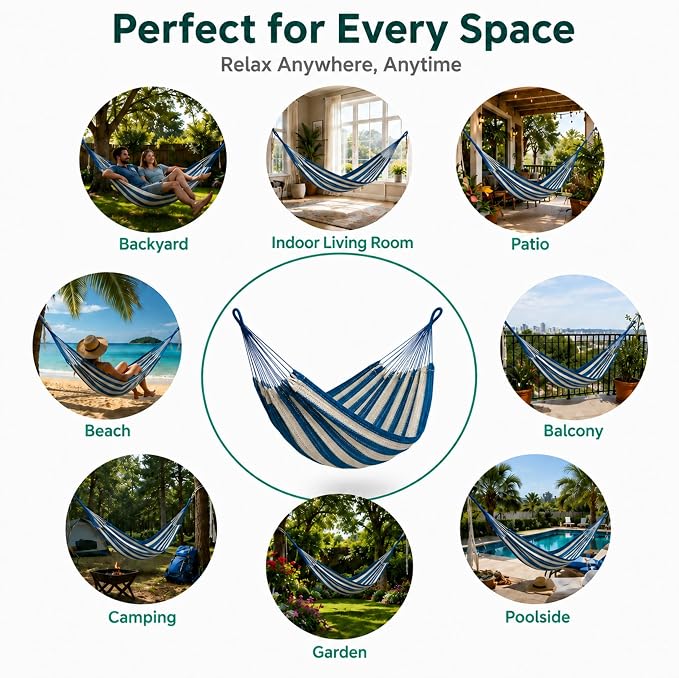 Hammock for 1-2 Person, 475 lbs Capacity – Handwoven Mexican Hammock, 100% Soft Cotton – 9.8 ft Mayan Hammock for Patio, Backyard, Indoor & Camping – Medium, Light Blue