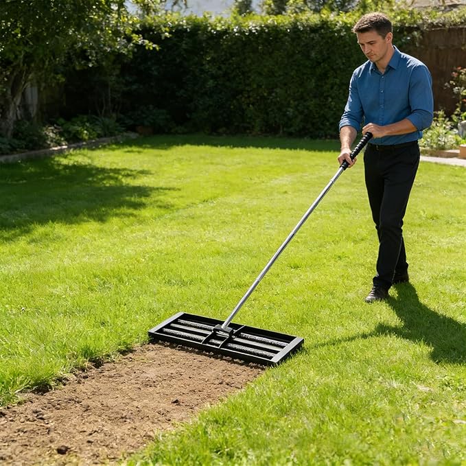 Lawn Leveling Rake 17"×10", Stainless Steel Lawn Leveler with 6.5ft Adjustable Handle, Effort-Saving with 2 Rollers, Yard Leveling Rake for Yard, Topsoil, Farm, Backyard, Black