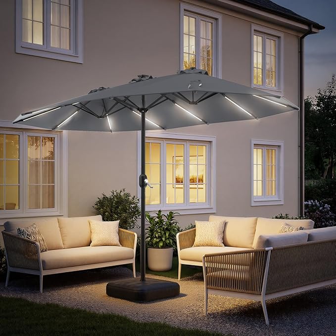 HOMSHADE 15FT Double Sided Umbrella with Light Bar and Base, Rectangle Oversized Patio Umbrellas, Extra Large Outdoor Table Umbrella for Pool, Patio, Garden (Dark Gray)