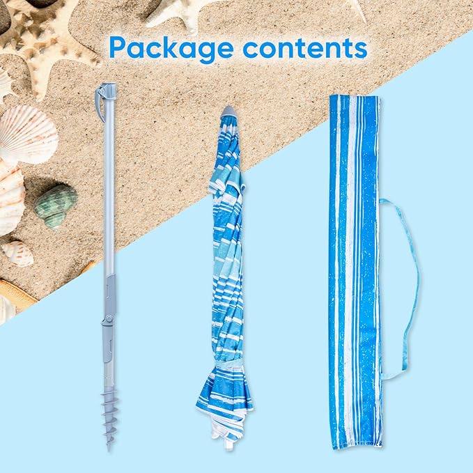 Tempera Heavy Duty High Wind Beach Umbrella with Sand Anchor & Carry Bag | Patio Outdoor Umbrella with Aluminum Frame and Push Button Tilt, Ideal for Travel Garden Lawn, UPF 60+