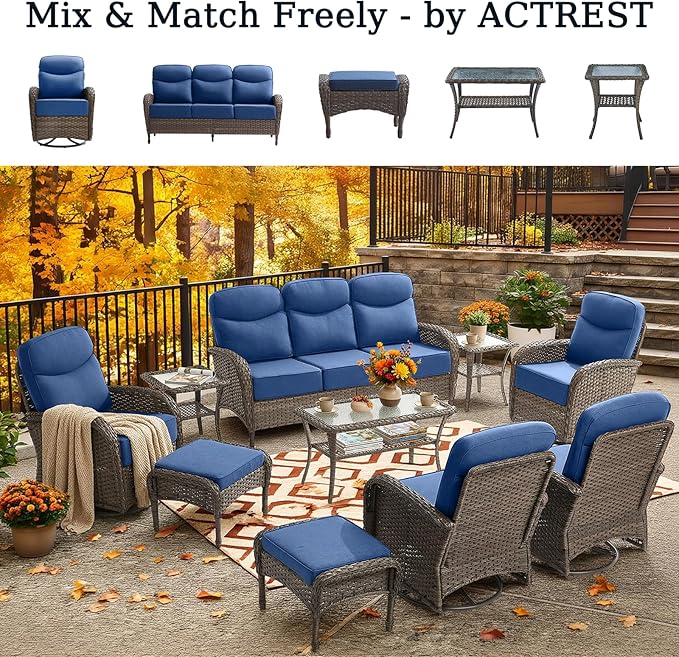 Patio Side Table Outdoor End Tables with Tempered Glass Top - 2-Tier Storage Wicker Side Tables for Outside Furniture Wicker Rocking Swivel Chairs in Porch Deck Yard Garden - Brown