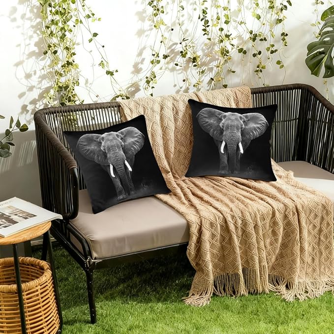 18x18 Inch Outdoor Pillow Covers Set of 2 Waterproof Throw Pillow Covers Decorative Couch Cushion Covers Black Elephant Square Pillowcases Protectors for Patio Garden Sofa